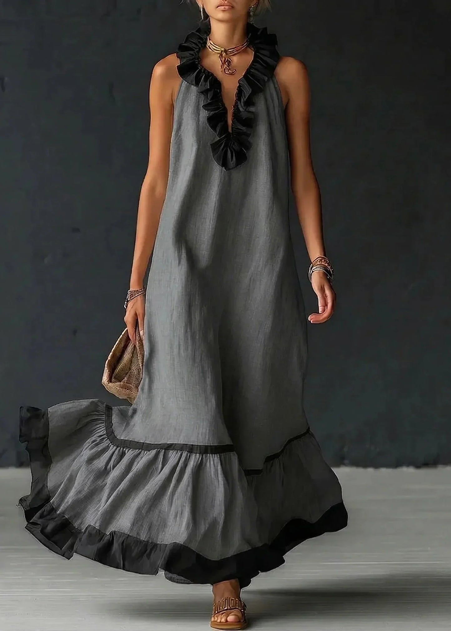 Robe longue Femme Fluide Volants Contrastés