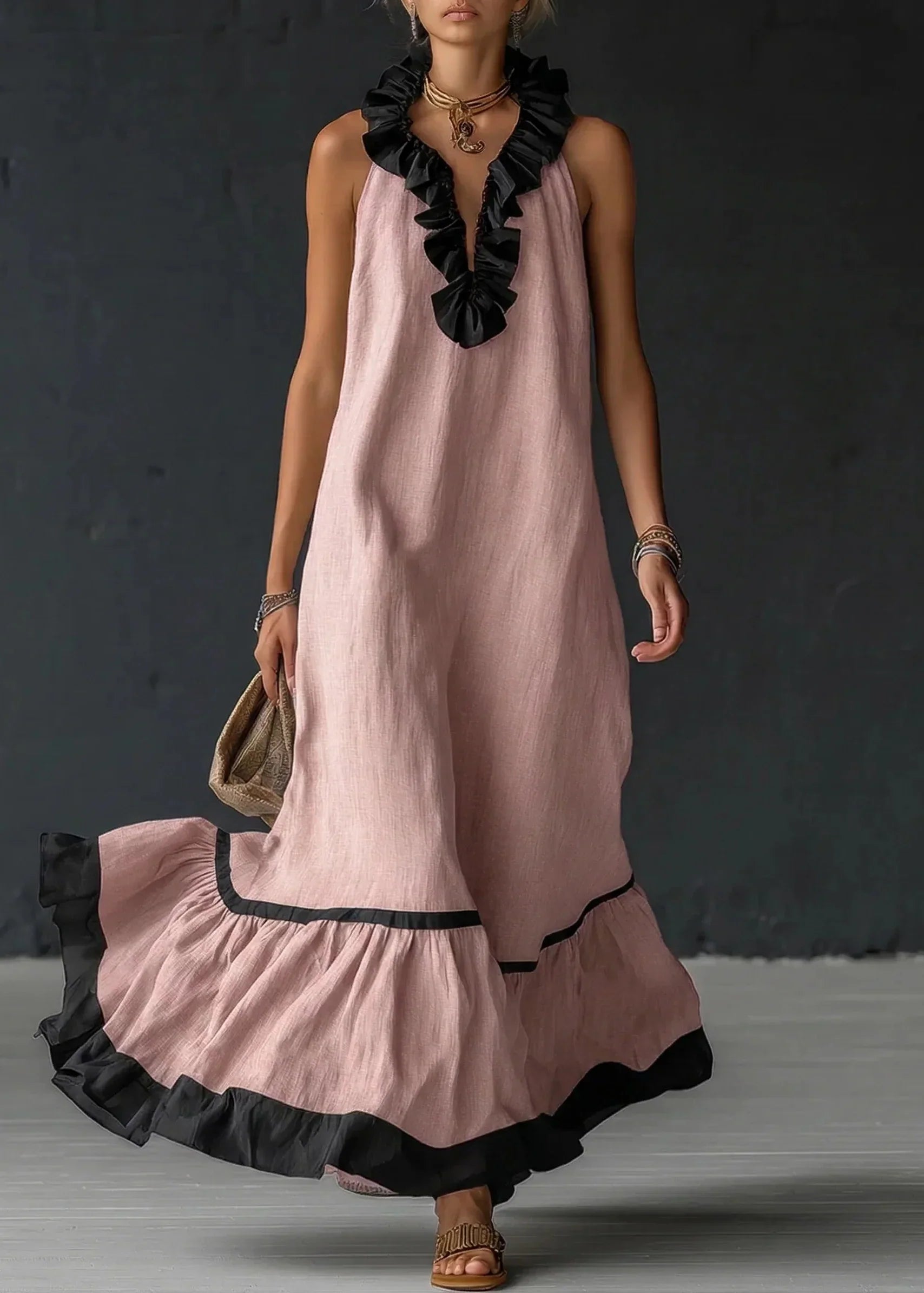 Robe longue Femme Fluide Volants Contrastés - PanierRoyale