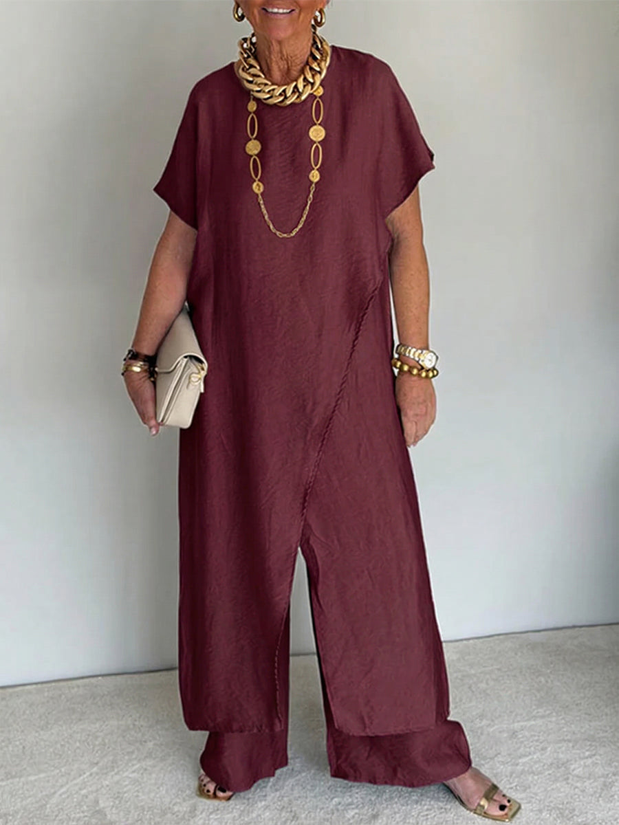 Ensemble Deux Pièces Femme Tunique Longue Fentes Pantalon Large Fluide
