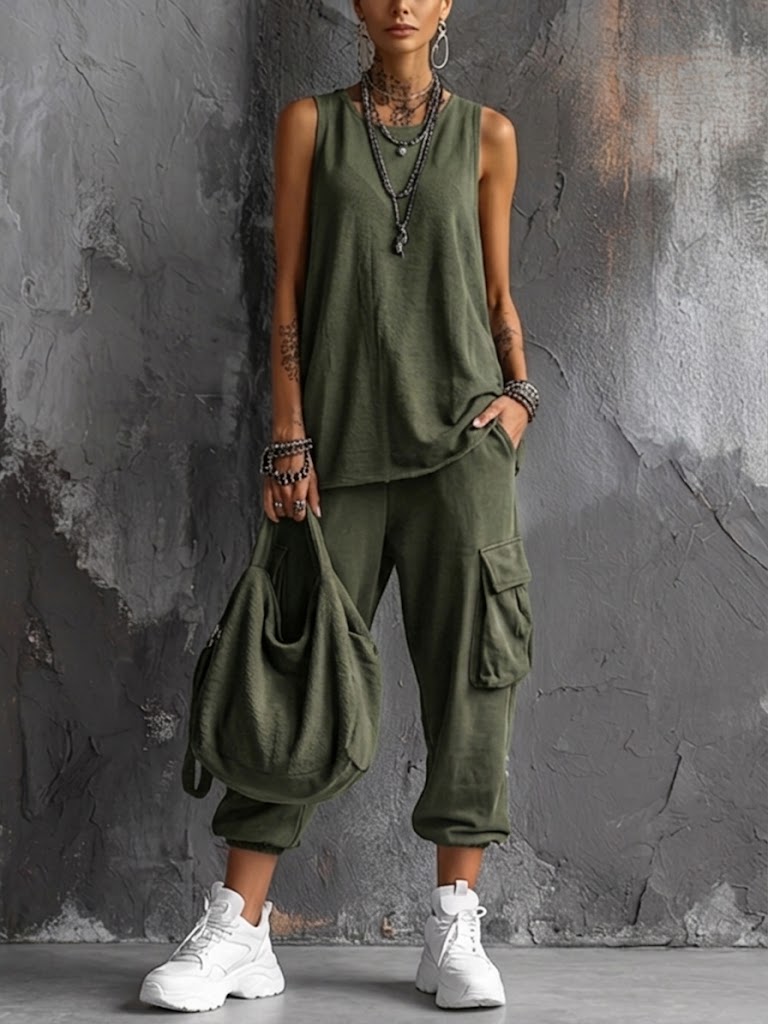 Ensemble Femme Sans Manches et Pantalon Cargo Décontracté