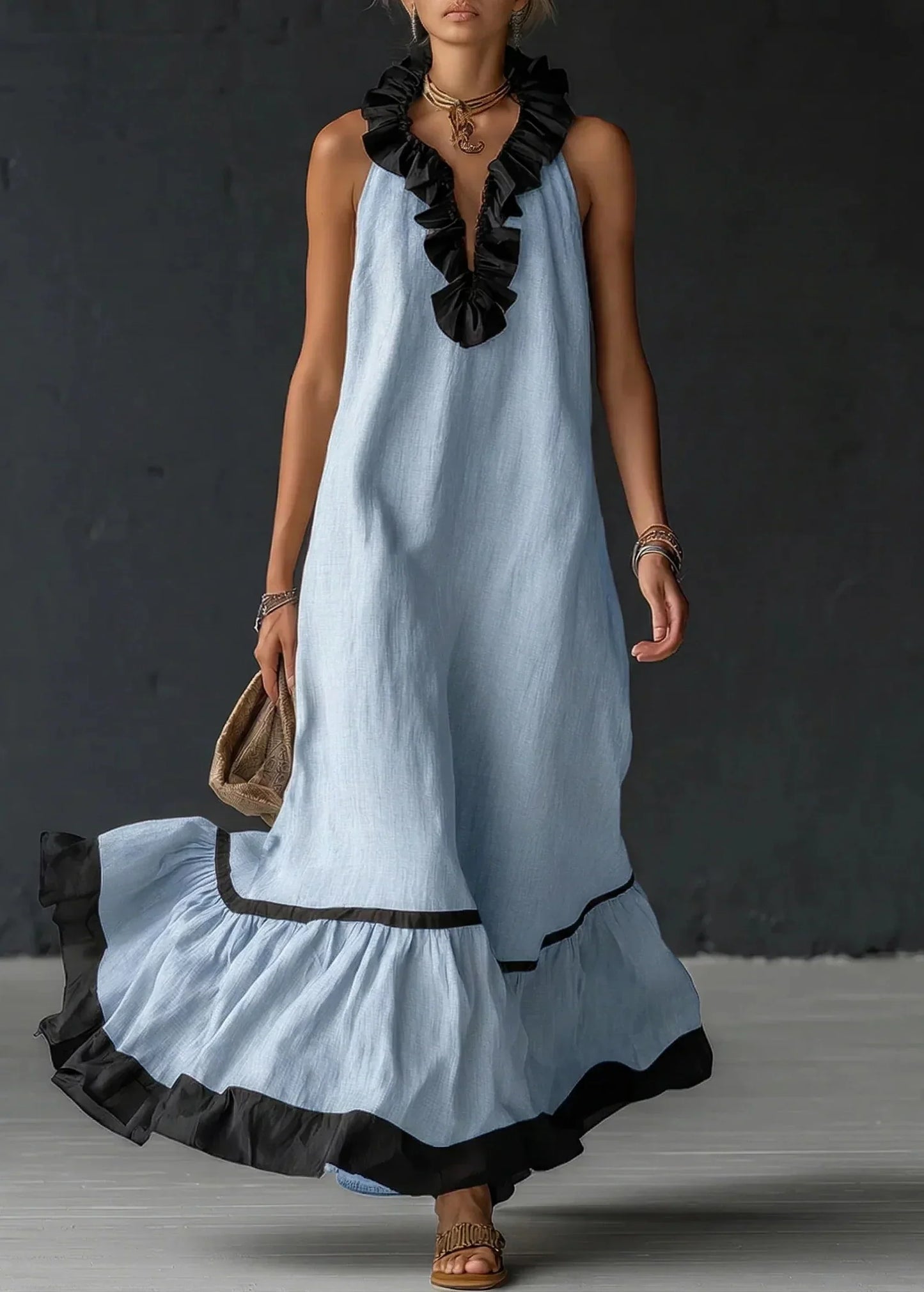 Robe longue Femme Fluide Volants Contrastés