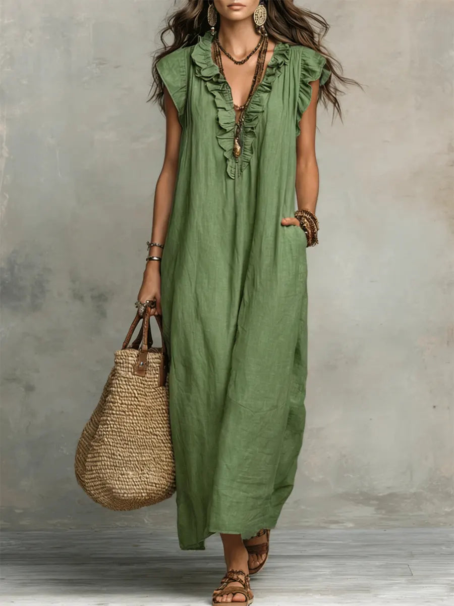 Robe Longue Femme Lin Coton Coupe Fluide Bohème