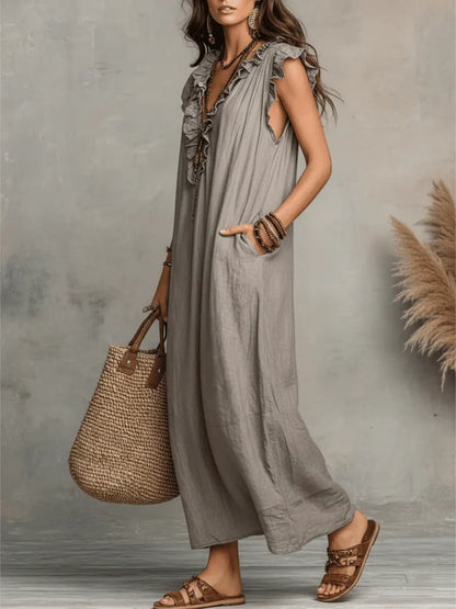 Robe Longue Femme Lin Coton Coupe Fluide Bohème
