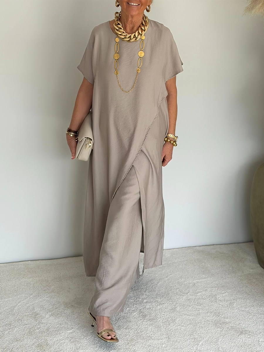 Ensemble Deux Pièces Femme Tunique Longue Fentes Pantalon Large Fluide