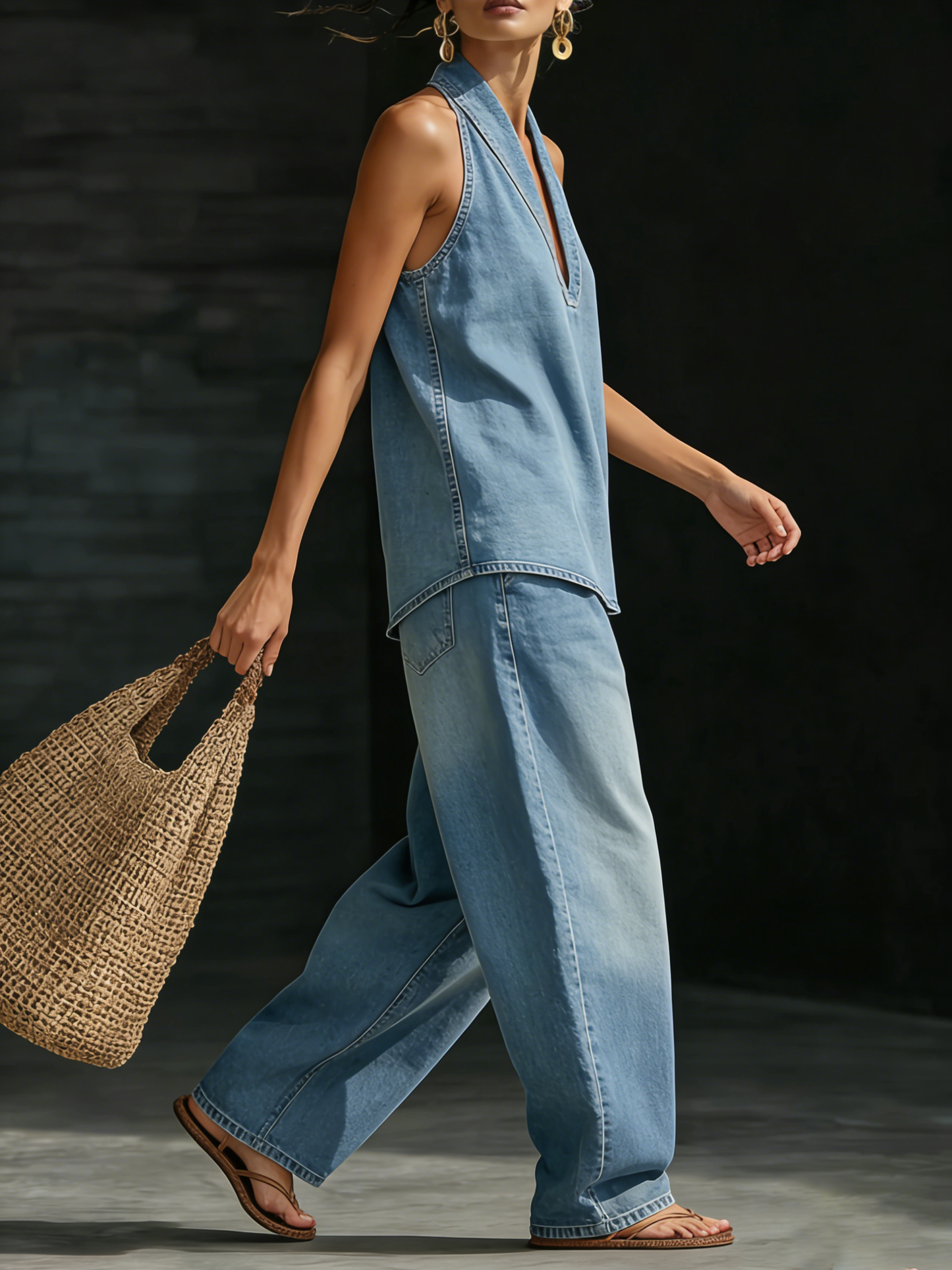 Ensemble Deux Pièces Femme Denim Halter Col V Coupe Large Fluide