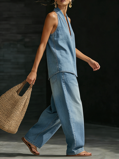 Ensemble Deux Pièces Femme Denim Halter Col V Coupe Large Fluide