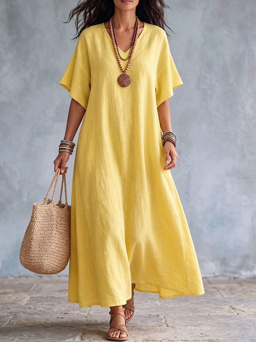 Robe longue Femme Coton Lin Col en V Coupe Ample