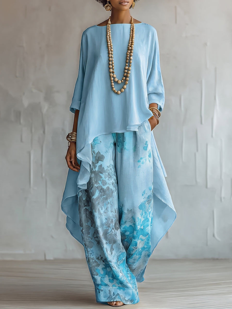 Ensemble Femme Fluide Haut Asymétrique Pantalon Imprimé Floral