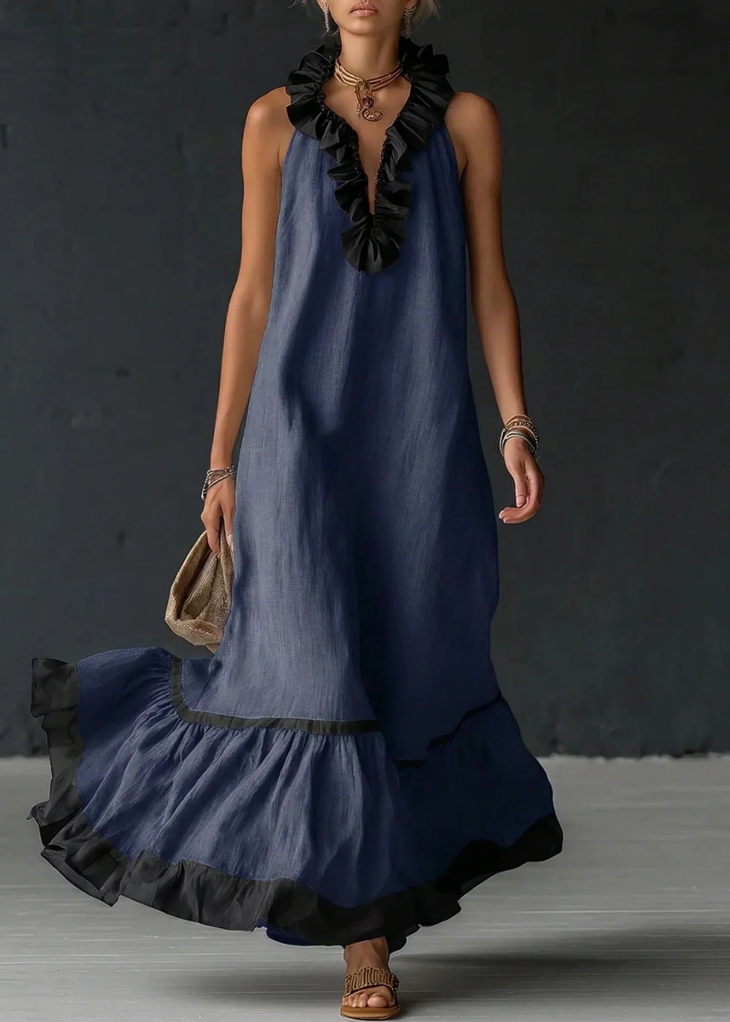 Robe longue Femme Fluide Volants Contrastés