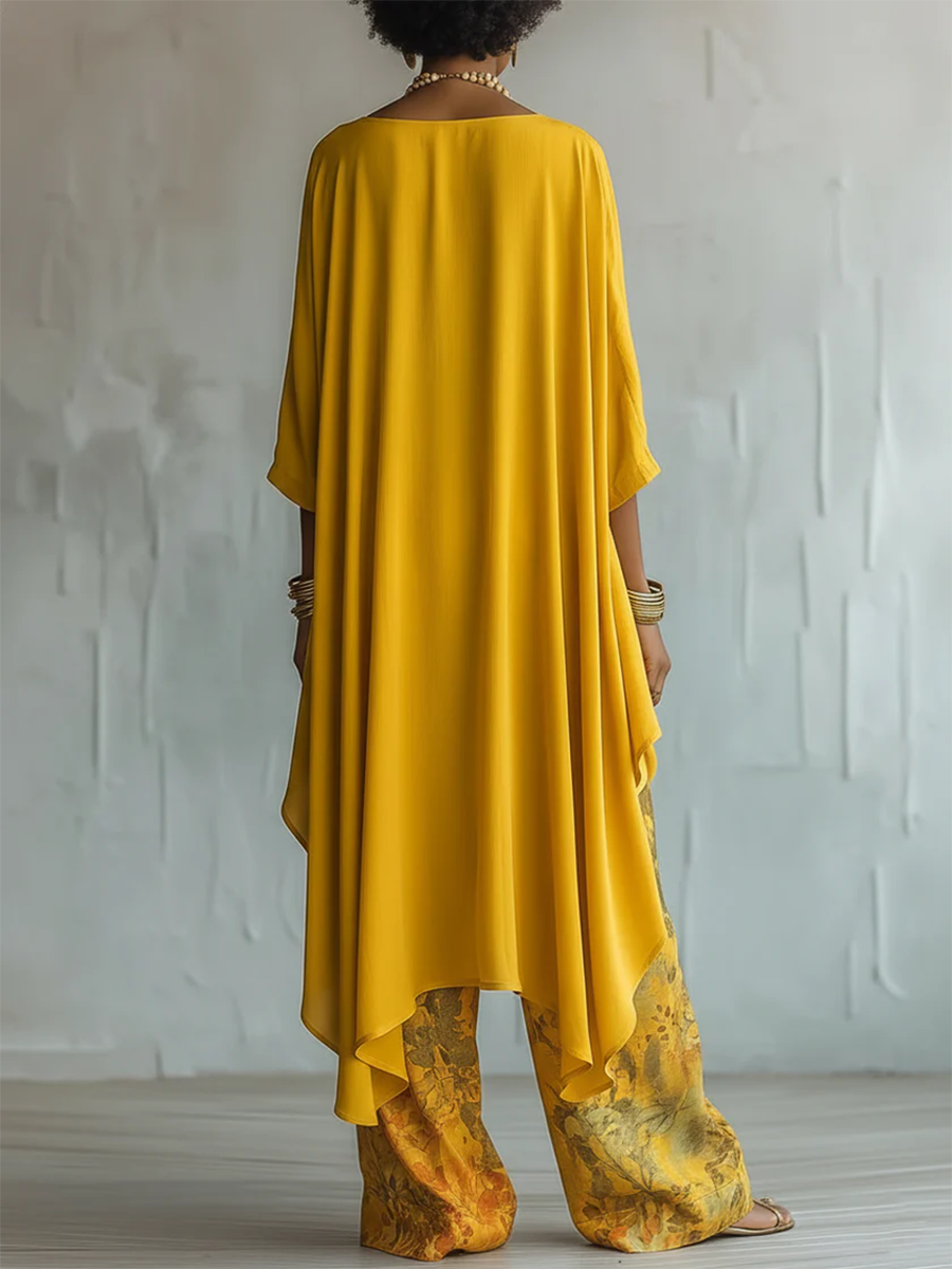 Ensemble Femme Fluide Haut Asymétrique Pantalon Imprimé Floral