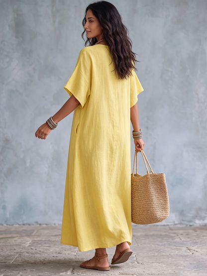Robe longue Femme Coton Lin Col en V Coupe Ample
