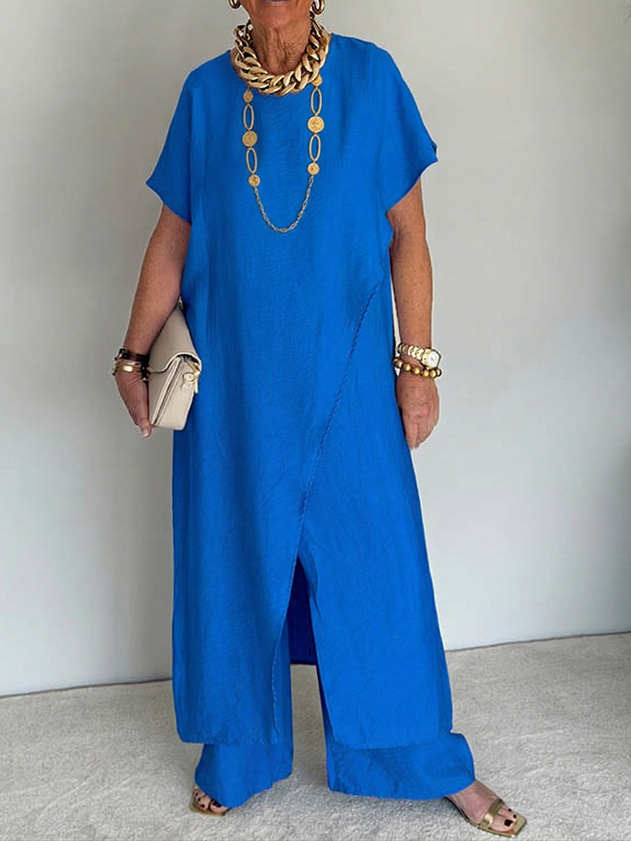 Ensemble Deux Pièces Femme Tunique Longue Fentes Pantalon Large Fluide