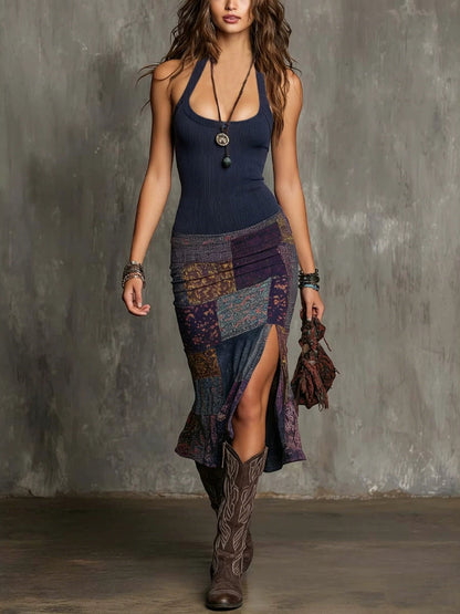 Robe Femme Coton Patchwork Coupe Ajustée Fente