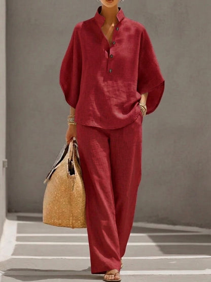 Ensemble Femme Coton Lin Haut Ample Pantalon Large