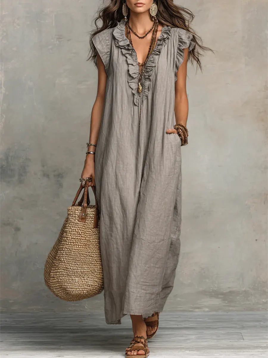 Robe Longue Femme Lin Coton Coupe Fluide Bohème - PanierRoyale