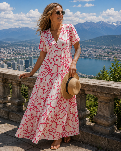 Robe longue Femme Imprimé Floral Col en V Style Bohème - PanierRoyale