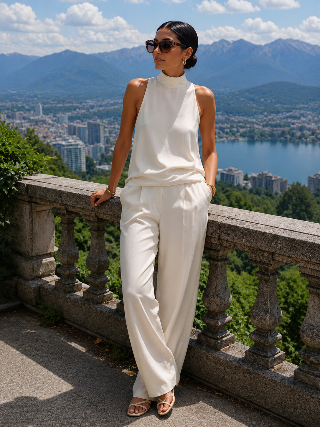 Ensemble Femme Coton et Lin Col Montant Pantalon Fluide - PanierRoyale