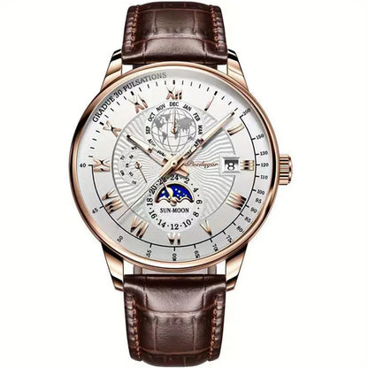 Montre Homme Classique Cuir Noir Chrono Lunaire