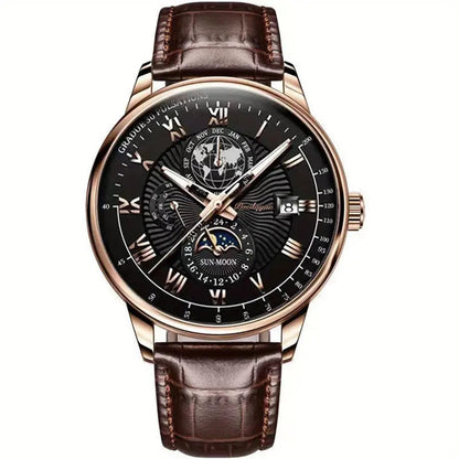 Montre Homme Classique Cuir Noir Chrono Lunaire