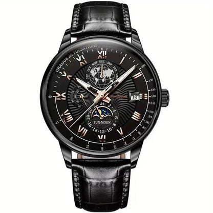 Montre Homme Classique Cuir Noir Chrono Lunaire