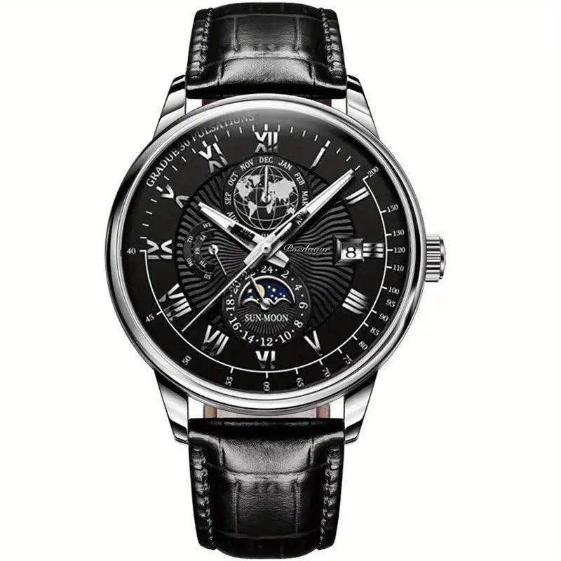 Montre Homme Classique Cuir Noir Chrono Lunaire