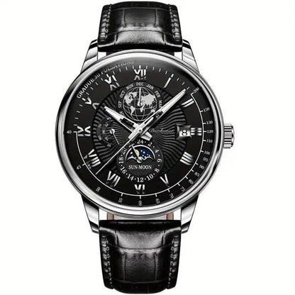 Montre Homme Classique Cuir Noir Chrono Lunaire