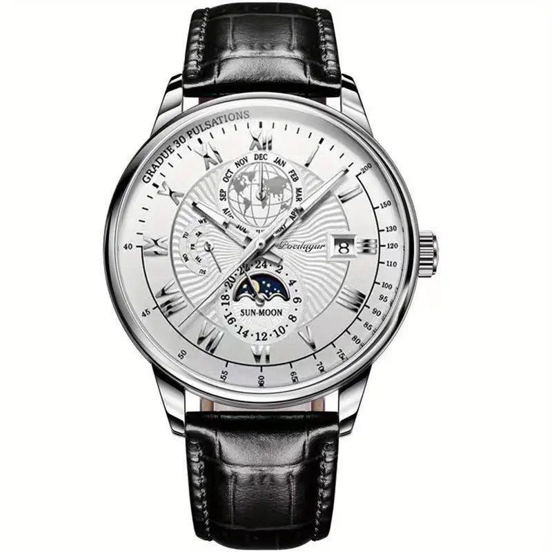 Montre Homme Classique Cuir Noir Chrono Lunaire - PanierRoyale