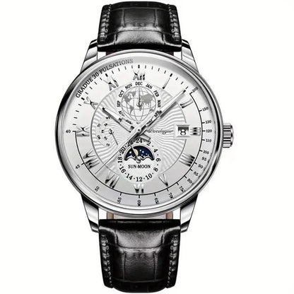 Montre Homme Classique Cuir Noir Chrono Lunaire - PanierRoyale