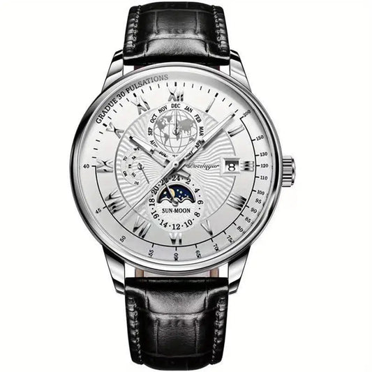 Montre Homme Classique Cuir Noir Chrono Lunaire - PanierRoyale
