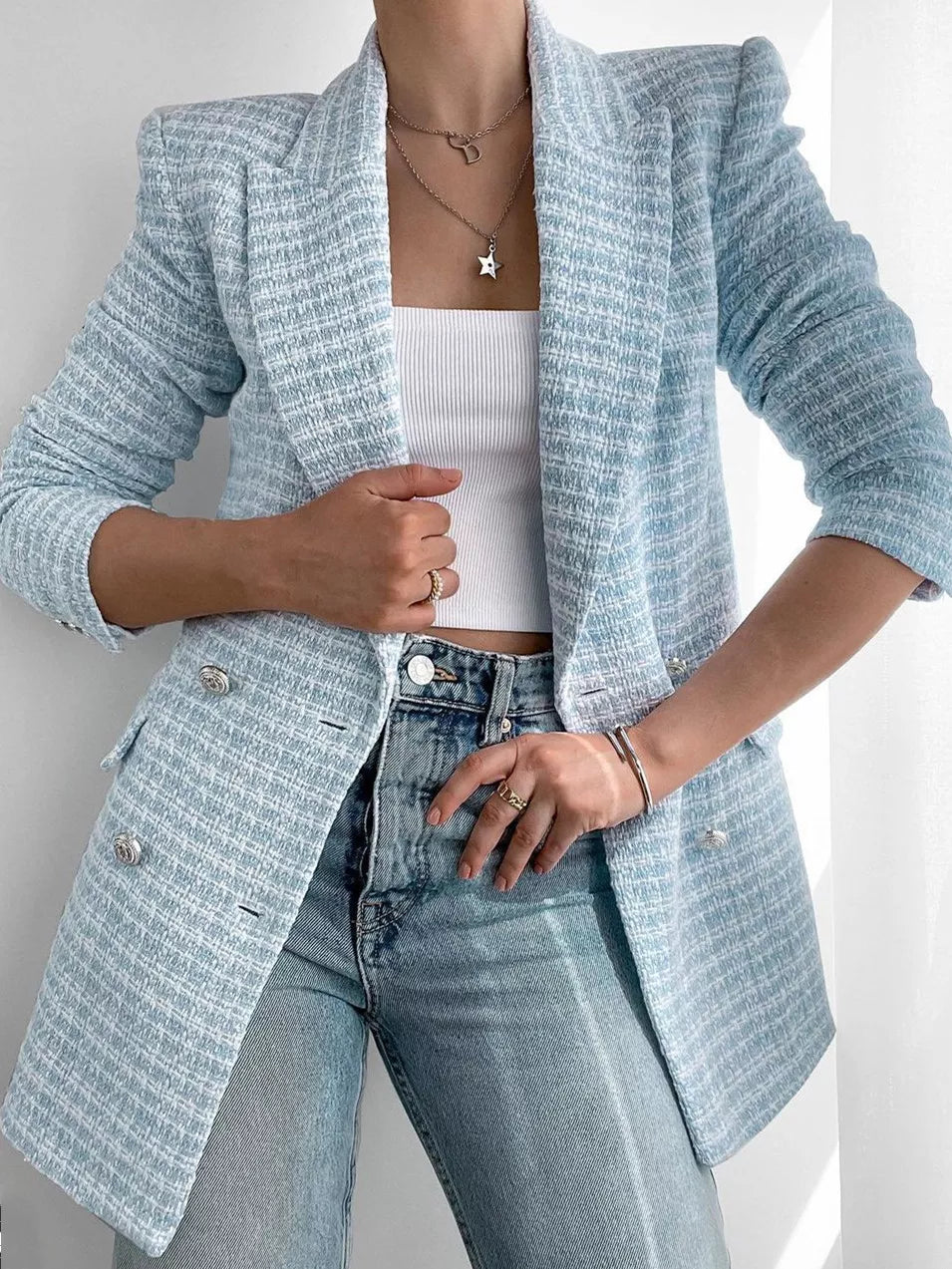 Veste Blazer Femme Tweed Élégant Noir - PanierRoyale