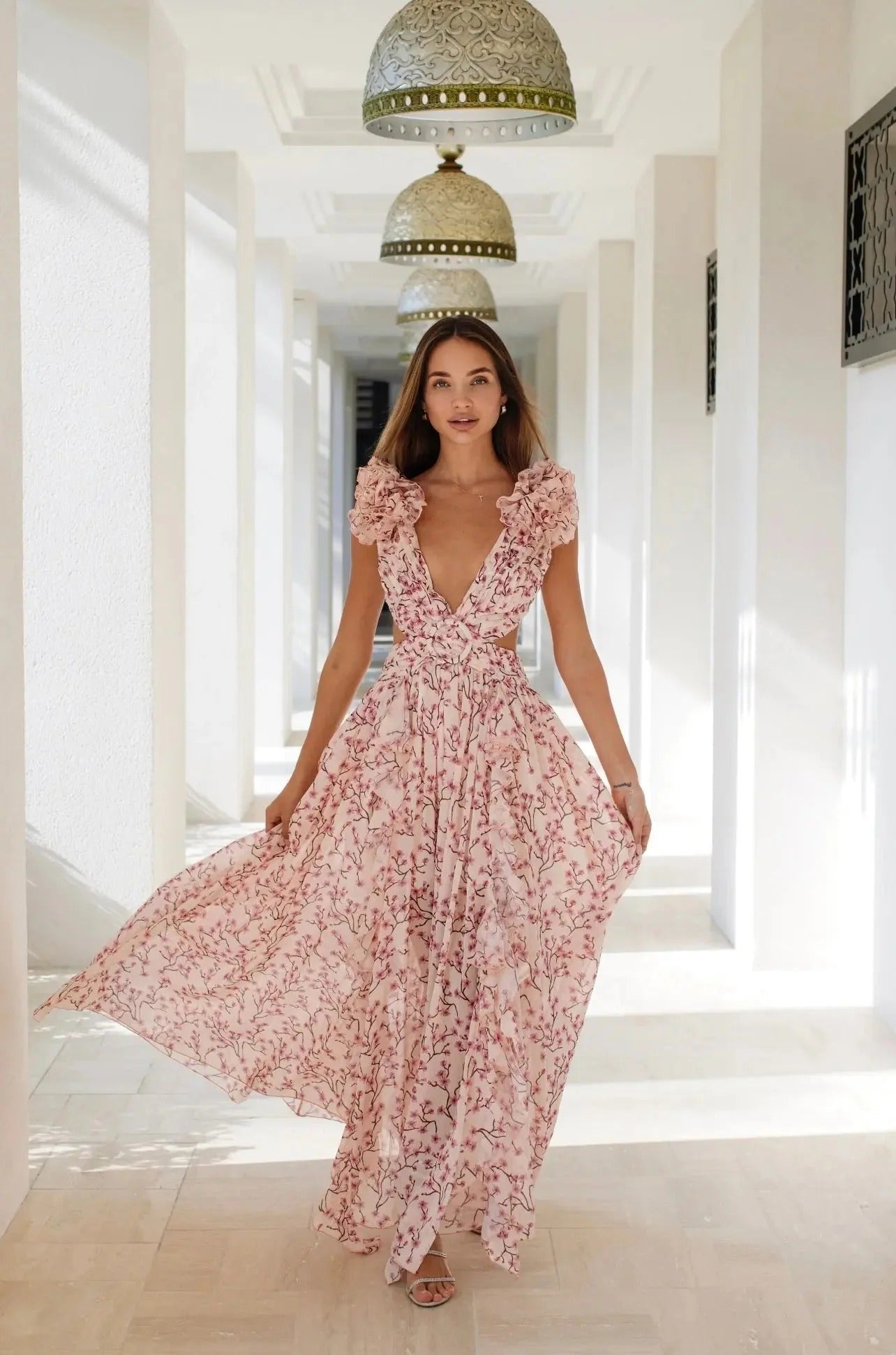Robe Été Longue Florale Manches Bouffantes Décolleté V pour Femmes - PanierRoyale
