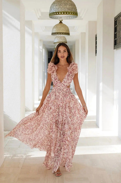 Robe Été Longue Florale Manches Bouffantes Décolleté V pour Femmes - PanierRoyale