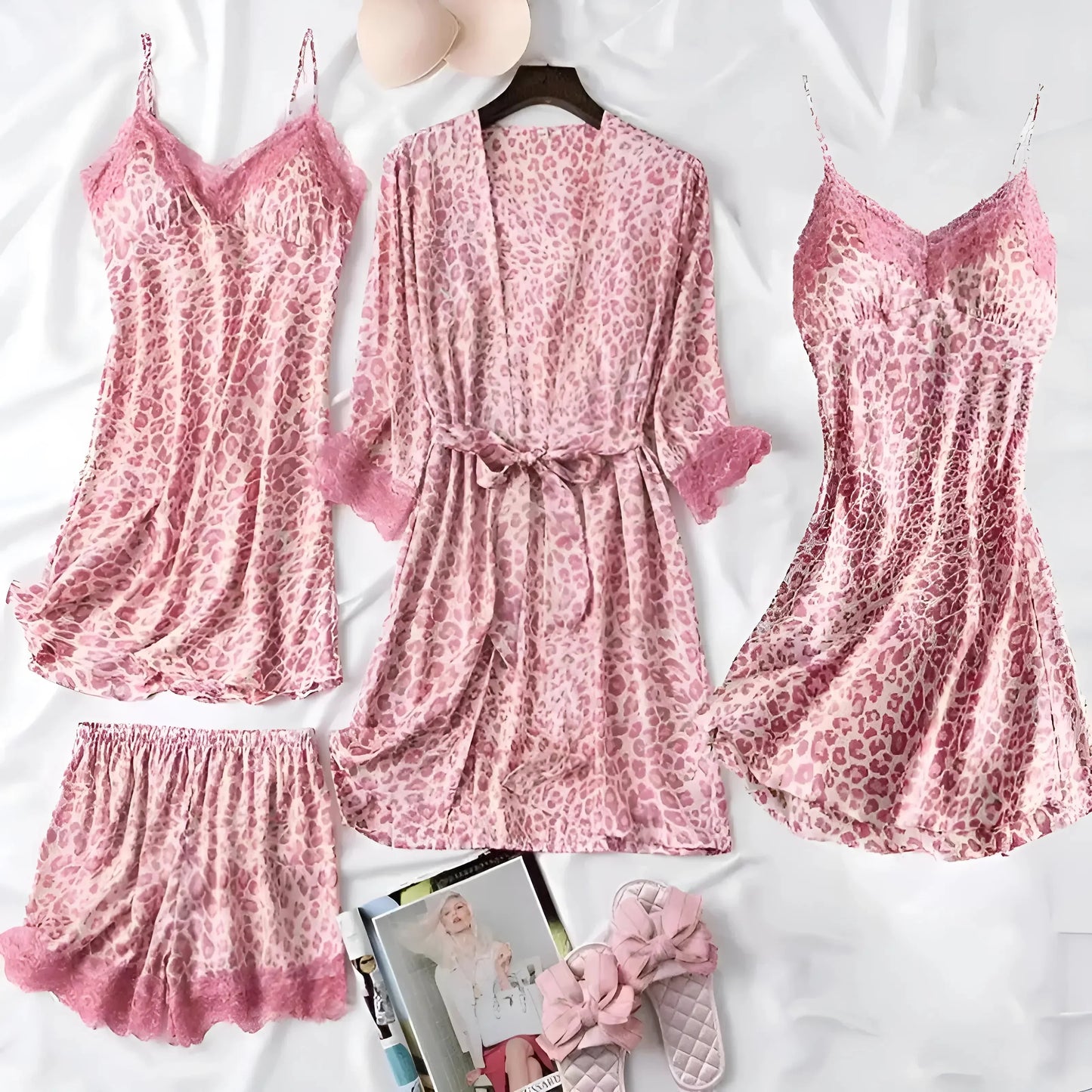 Pyjama Femme Léopard Doux avec Kimono et Chemise de Nuit Confortable
