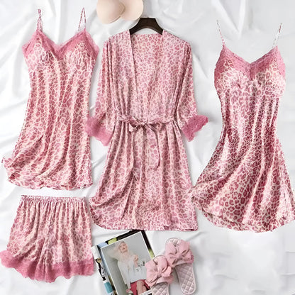 Pyjama Femme Léopard Doux avec Kimono et Chemise de Nuit Confortable
