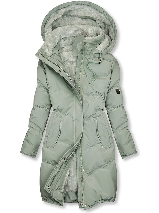 Manteau Long Hiver Capuche Fourrure Élégant Vert Foncé - PanierRoyale