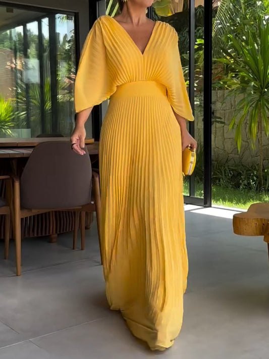 Robe Été Longue pour Femme en Citron avec Plis - PanierRoyale