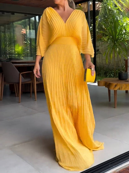 Robe Été Longue pour Femme en Citron avec Plis