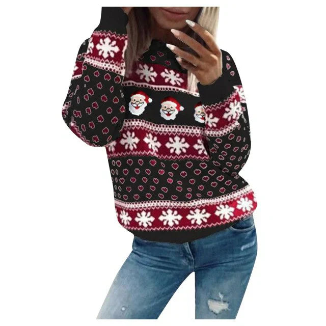 Pull Noël Femme avec Motif Père Noël et Flocons de Neige