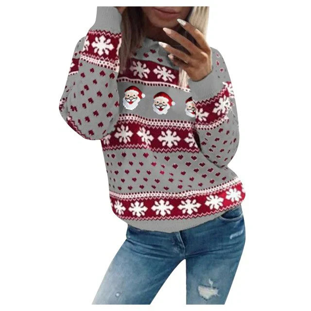 Pull Noël Femme avec Motif Père Noël et Flocons de Neige