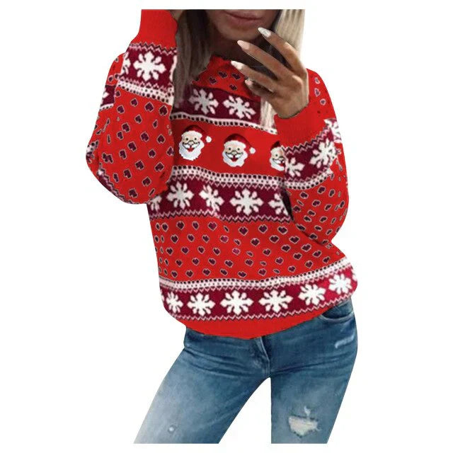 Pull Noël Femme avec Motif Père Noël et Flocons de Neige