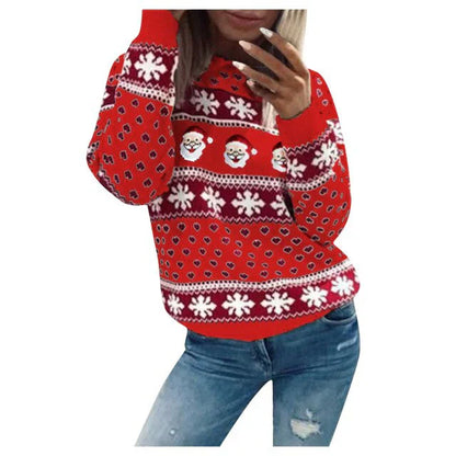 Pull Noël Femme avec Motif Père Noël et Flocons de Neige