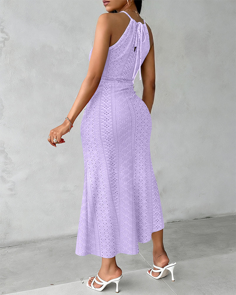 Robe Midi Femme Jacquard Ajouré Col Halter Fente