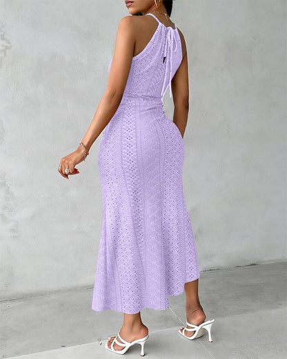 Robe Midi Femme Jacquard Ajouré Col Halter Fente