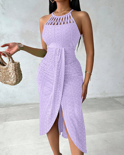 Robe Midi Femme Jacquard Ajouré Col Halter Fente