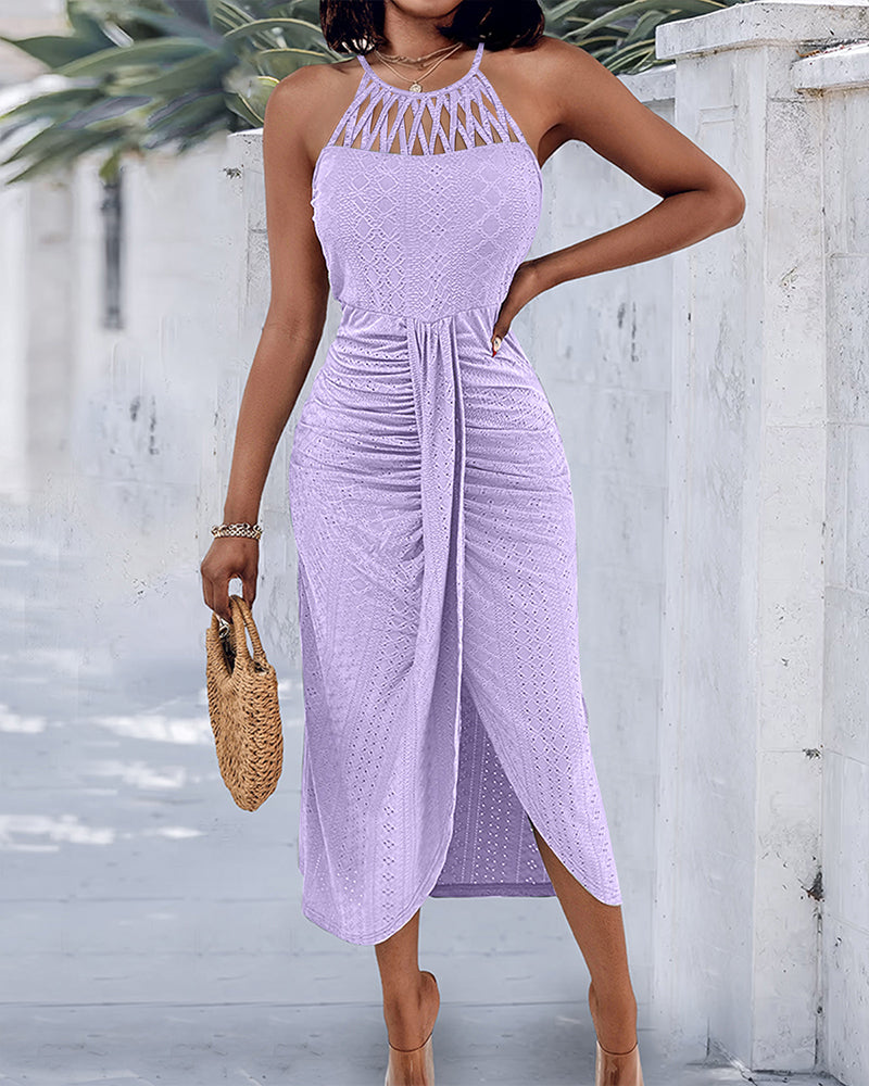 Robe Midi Femme Jacquard Ajouré Col Halter Fente