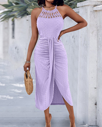 Robe Midi Femme Jacquard Ajouré Col Halter Fente