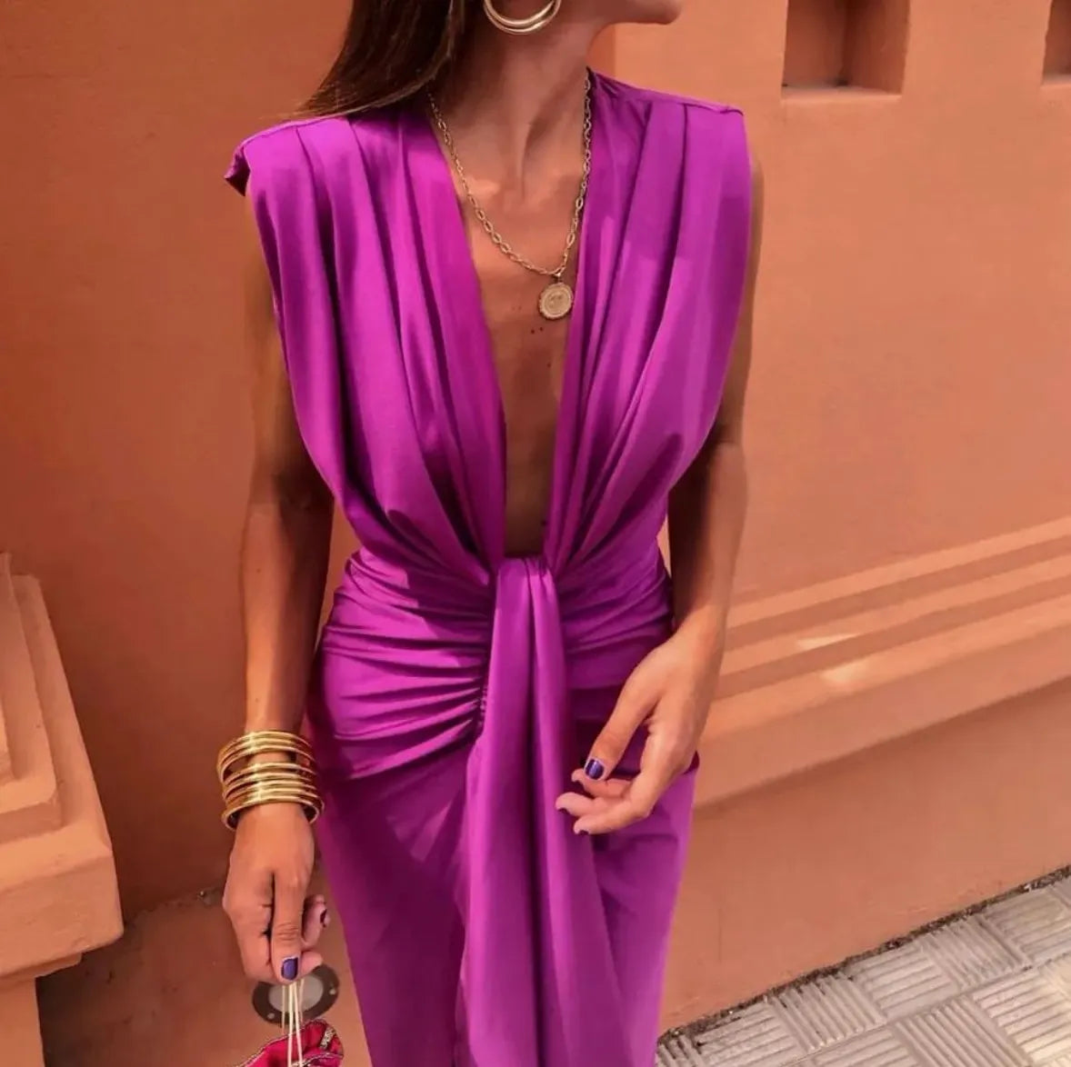 Robe longue Femme Drapée Col en V Sans Manches Fente Soirée