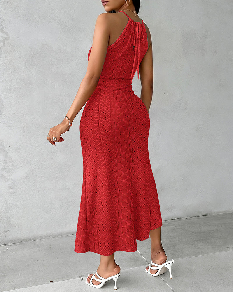Robe Midi Femme Jacquard Ajouré Col Halter Fente