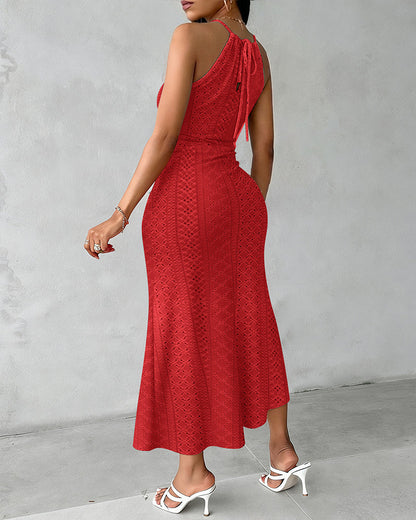 Robe Midi Femme Jacquard Ajouré Col Halter Fente