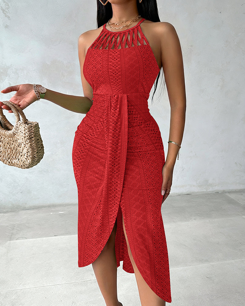 Robe Midi Femme Jacquard Ajouré Col Halter Fente